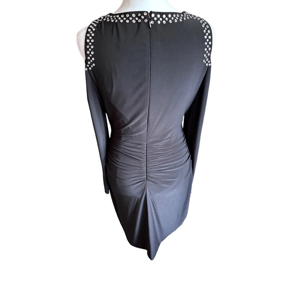 Cache Black Rhinestone Cold Shoulder Ruched Long Sleeve Cocktail Dress - Picture 2 of 11